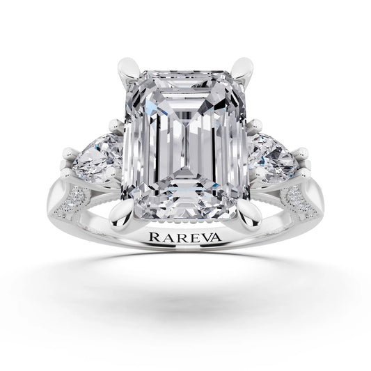 18 KT White Gold Emerald Cut Diamond Three Stone Pear Accent Vintage Pave Ring - front view