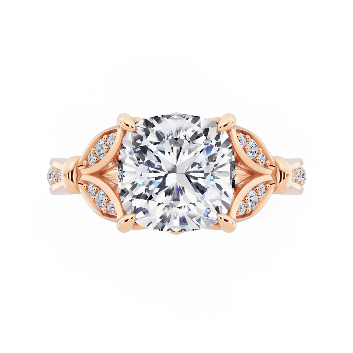 18 KT Rose Gold Cushion Cut Diamond Ring with Lotus Collar - top angle