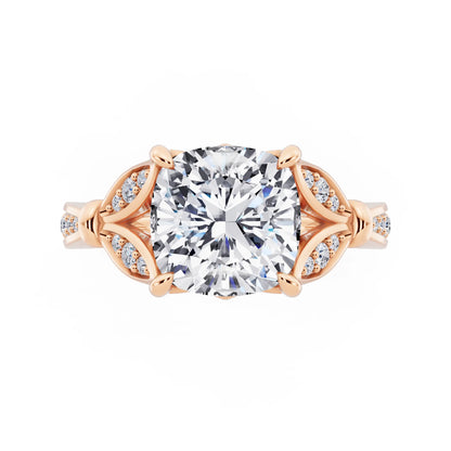 18 KT Rose Gold Cushion Cut Diamond Ring with Lotus Collar - top angle