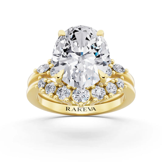 14 KT Yellow Gold Oval Cut Diamond Ring with Curved Cluster Band - front view