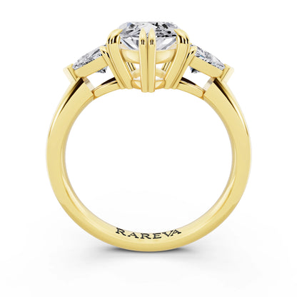 18 KT Yellow Gold Marquise Cut Diamond Three Stone Ring with Trillion Accents - through finger