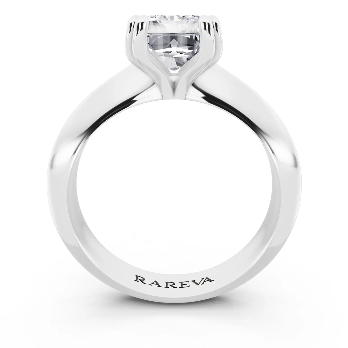 14 KT White Gold Radiant Cut Diamond Solitaire Ring with Knife Edge Band - through finger