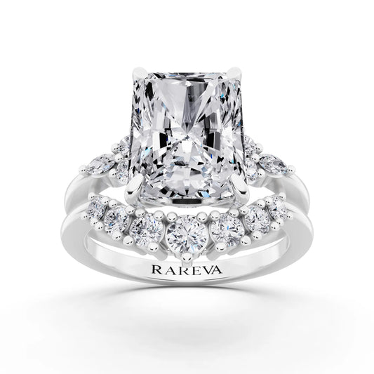 18 KT White Gold Radiant Cut Diamond Ring with Curved Cluster Band - front view