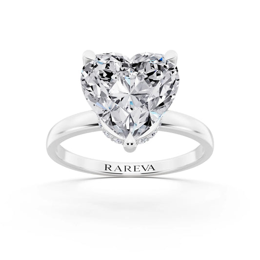 14 KT White Gold Heart Cut Diamond Solitaire Ring with Pave Collar - front view