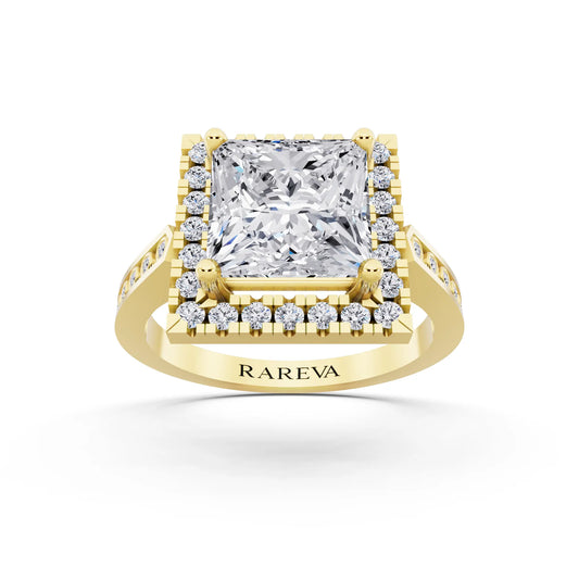 14 KT Yellow Gold Princess Cut Diamond Halo Ring with Bezel Accent Band - front view