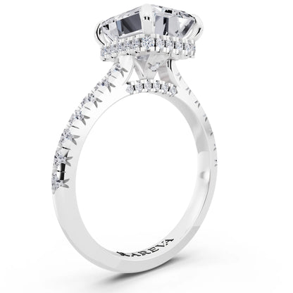 14 KT White Gold Emerald Cut Diamond Ring with Hidden Halo - top view