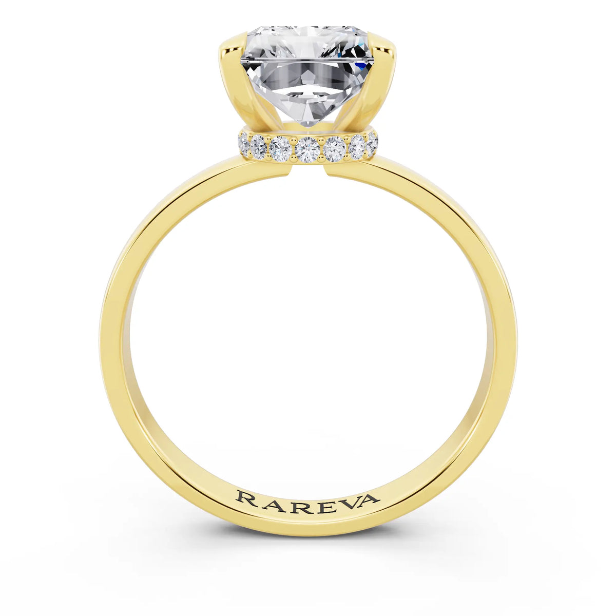 14 KT Yellow Gold Radiant Cut Diamond Solitaire Ring with Pave Collar - through finger
