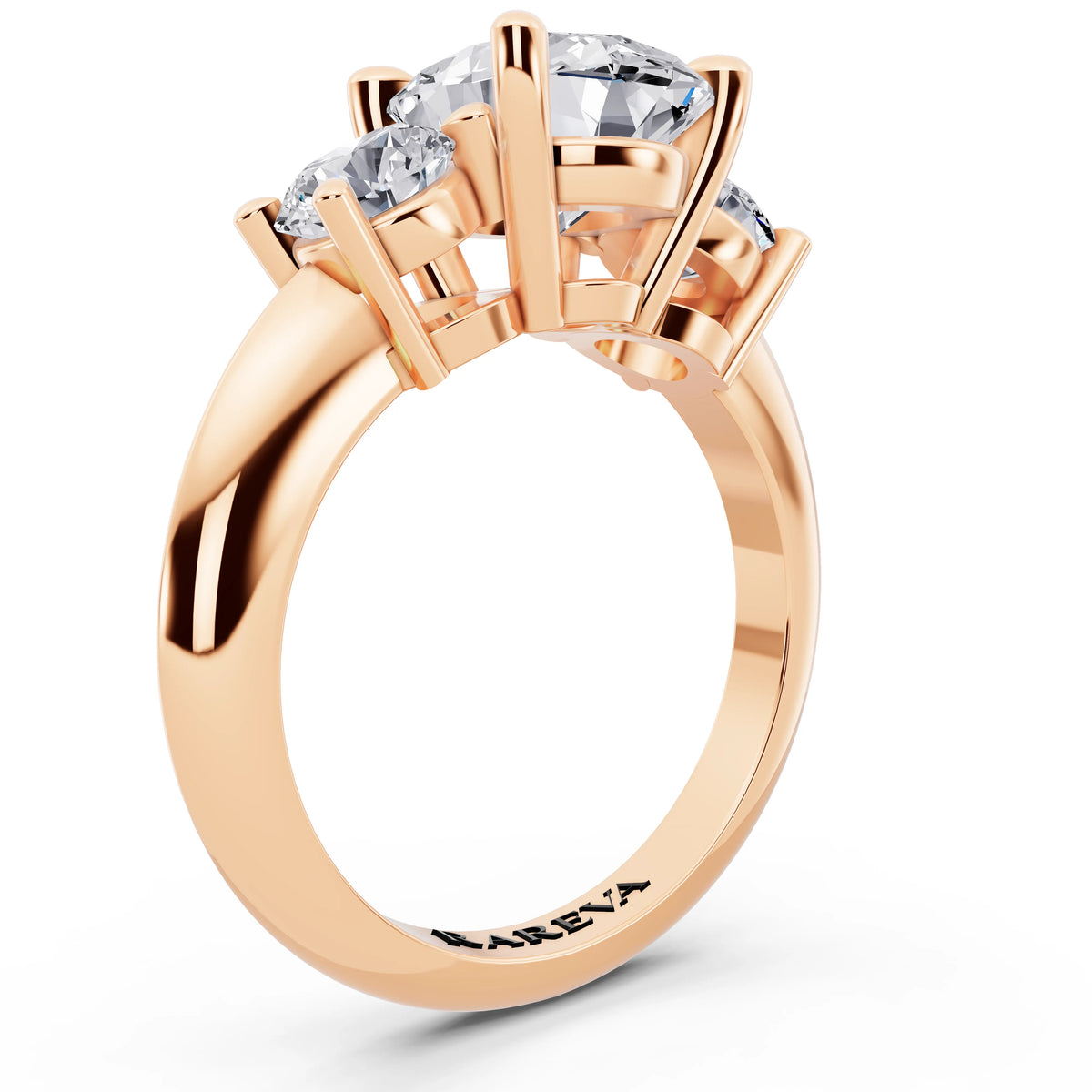 18 KT Rose Gold Oval Cut Diamond Three Stone Ring with Round Accents - top view
