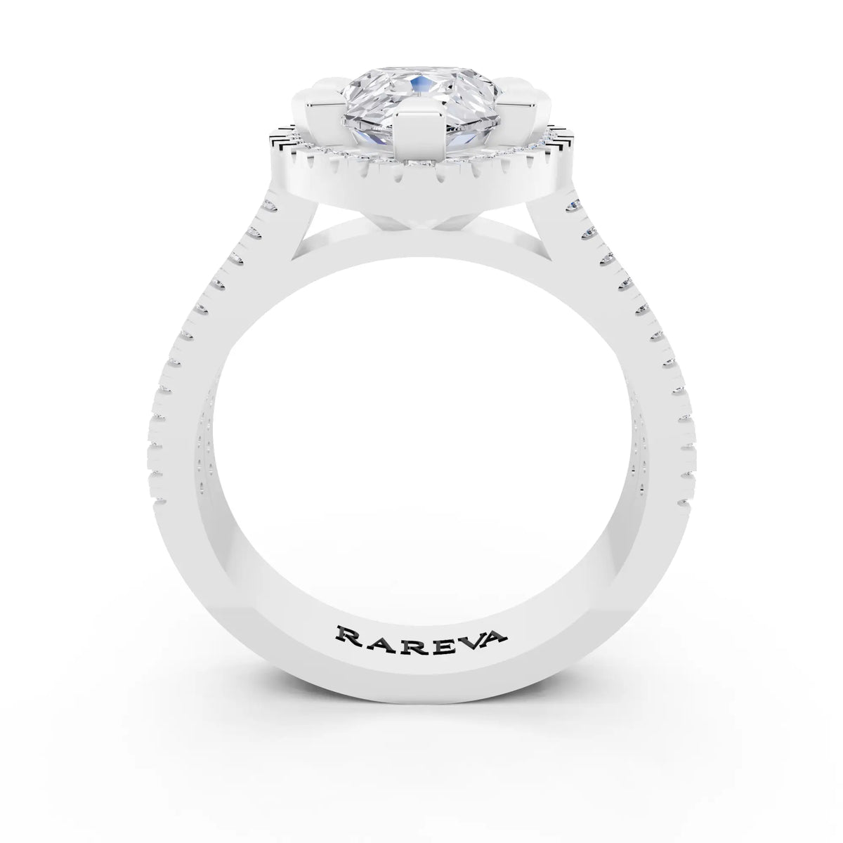 Platinum Pear Cut Diamond Halo Ring with Twin Pave Band - through finger