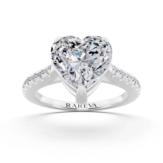 14 KT White Gold Heart Cut Diamond Claw Prong Solitaire Ring with French Pave Band - front view