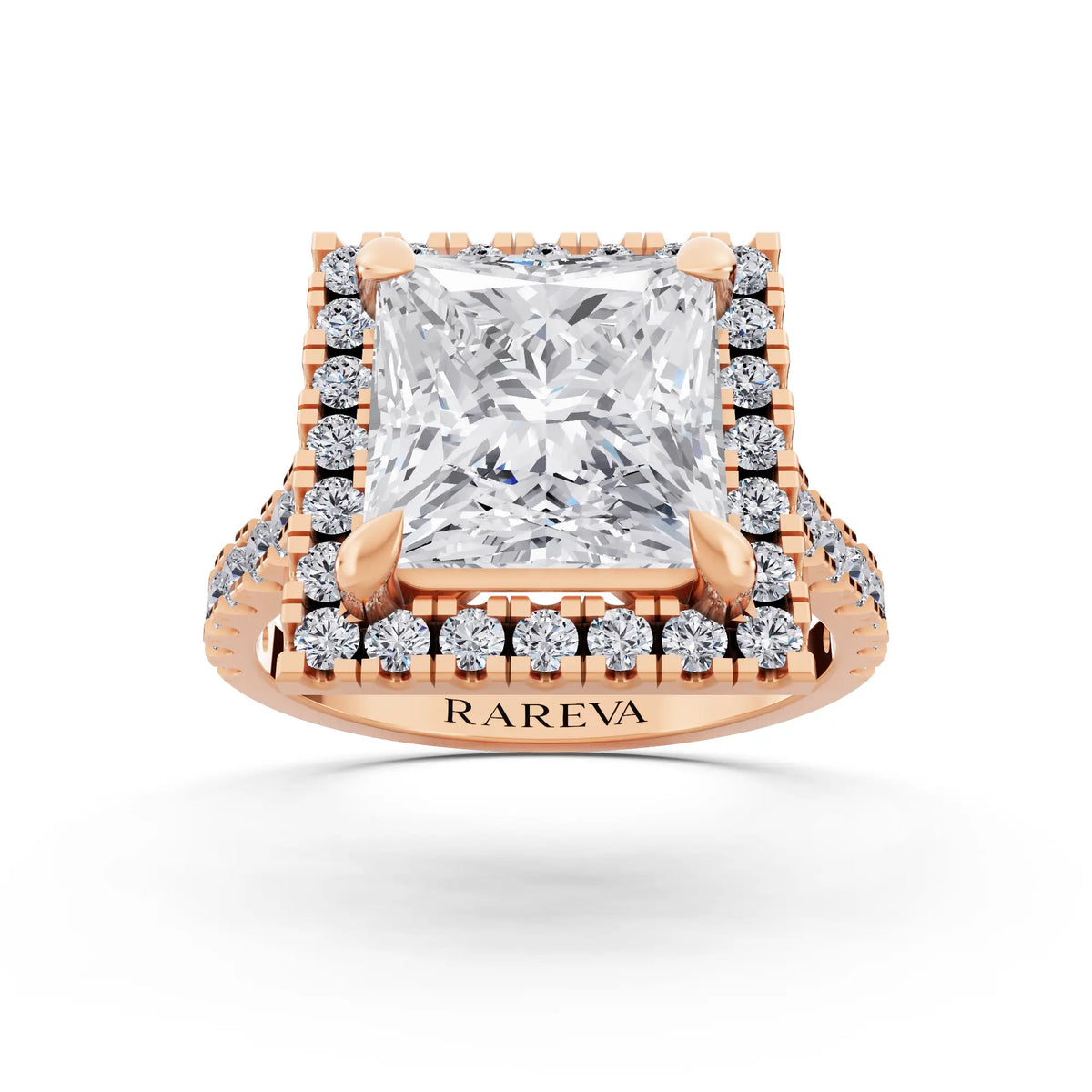 14 KT Rose Gold Princess Cut Diamond Halo Ring with Pave Cathedral Band - Front