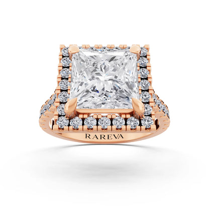 14 KT Rose Gold Princess Cut Diamond Halo Ring with Pave Cathedral Band - Front