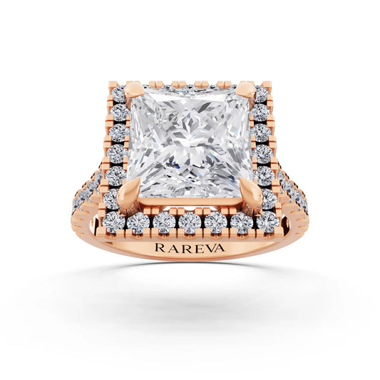 14 KT Rose Gold Princess Cut Diamond Halo Ring with Pave Cathedral Band - Front