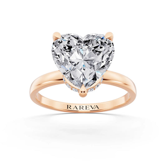 14 KT Rose Gold Heart Cut Diamond Solitaire Ring with Pave Collar - front view