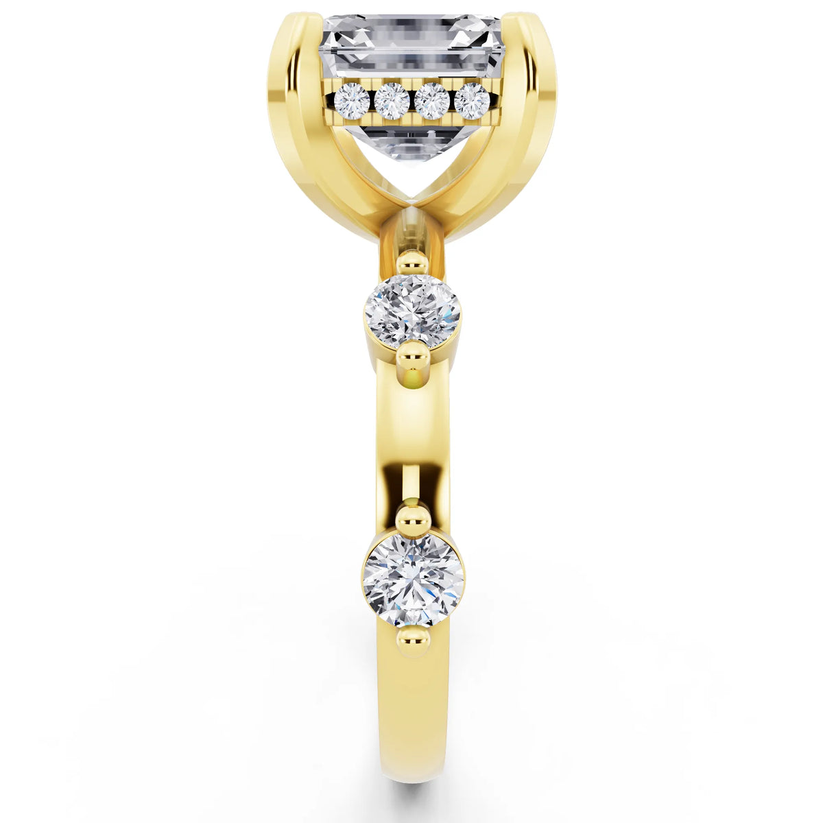 14 KT Yellow Gold Asscher Cut Diamond Solitaire Ring with Floating Diamond Accents - side view