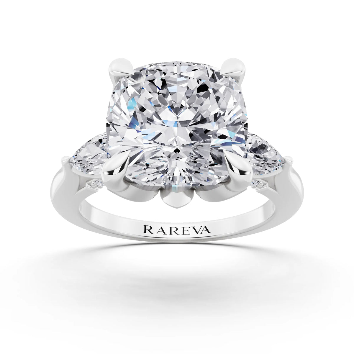 Platinum Cushion Cut Diamond Cluster Engagement Ring with Pear Accents and Pavé Band - front view