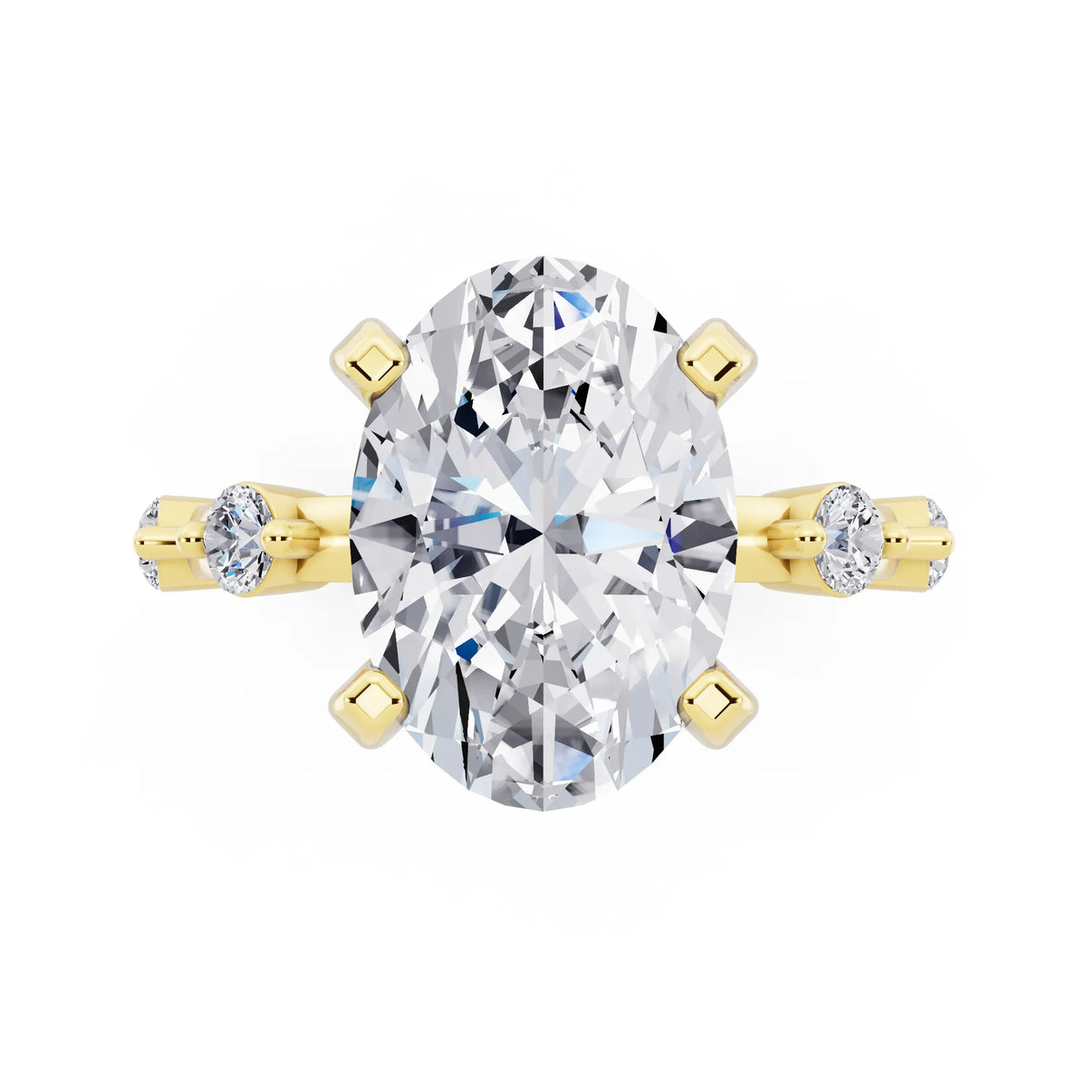 14 KT Yellow Gold Oval Cut Diamond Solitaire Ring with Floating Diamond Accents - top angle