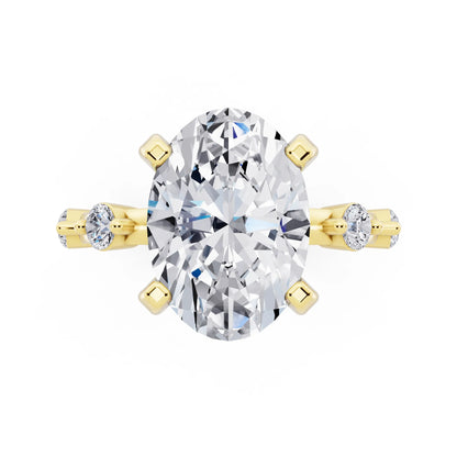 14 KT Yellow Gold Oval Cut Diamond Solitaire Ring with Floating Diamond Accents - top angle