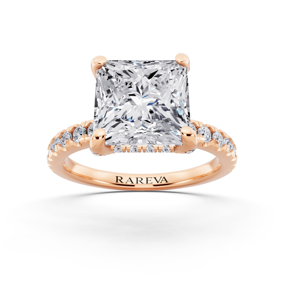 18 KT Rose Gold Princess Cut Diamond Hidden Halo Ring with Pave Shank - front view