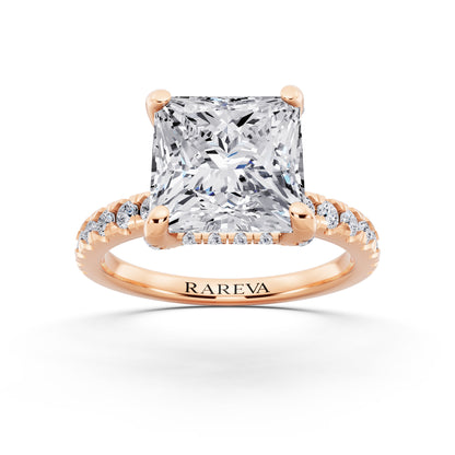 18 KT Rose Gold Princess Cut Diamond Hidden Halo Ring with Pave Shank - front view