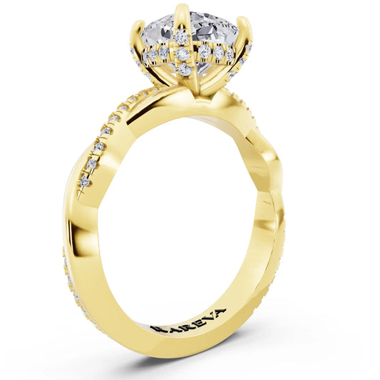 18 KT Yellow Gold Cushion Cut Diamond Hidden Halo Ring with Twisted Pave Band - top view