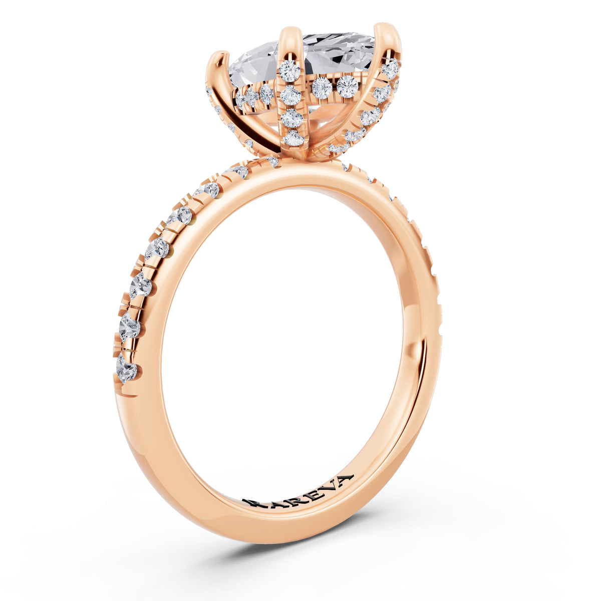 18 KT Rose Gold Marquise Cut Diamond Hidden Halo Ring with Pave Shank - top view