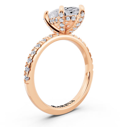 18 KT Rose Gold Marquise Cut Diamond Hidden Halo Ring with Pave Shank - top view
