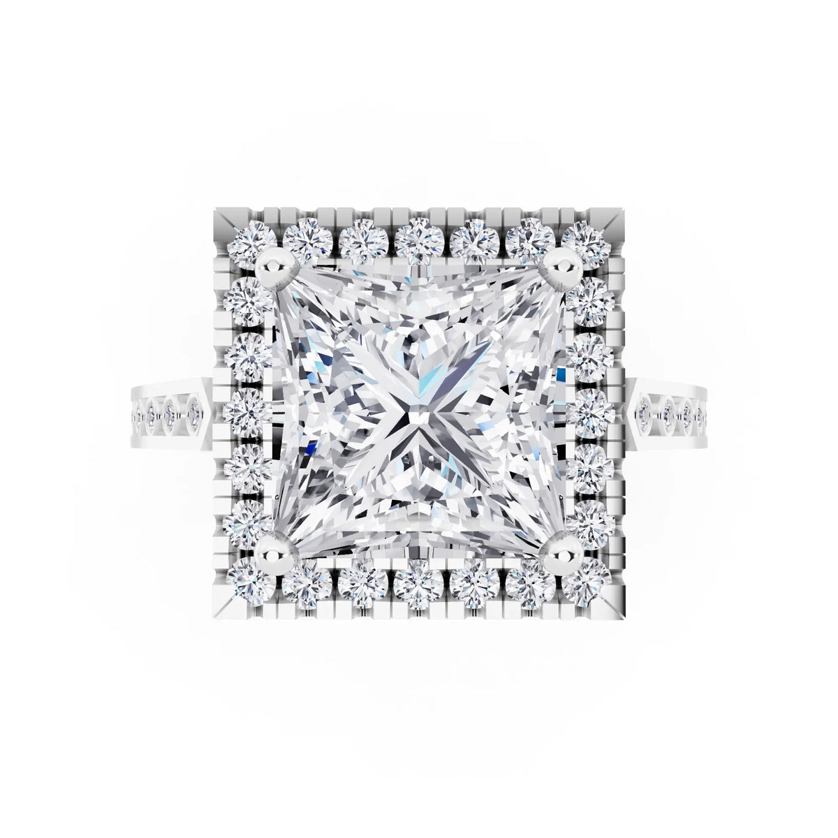 Platinum Princess Cut Diamond Halo Ring with Bezel Accent Band - top angle