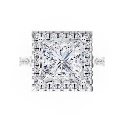 Platinum Princess Cut Diamond Halo Ring with Bezel Accent Band - top angle