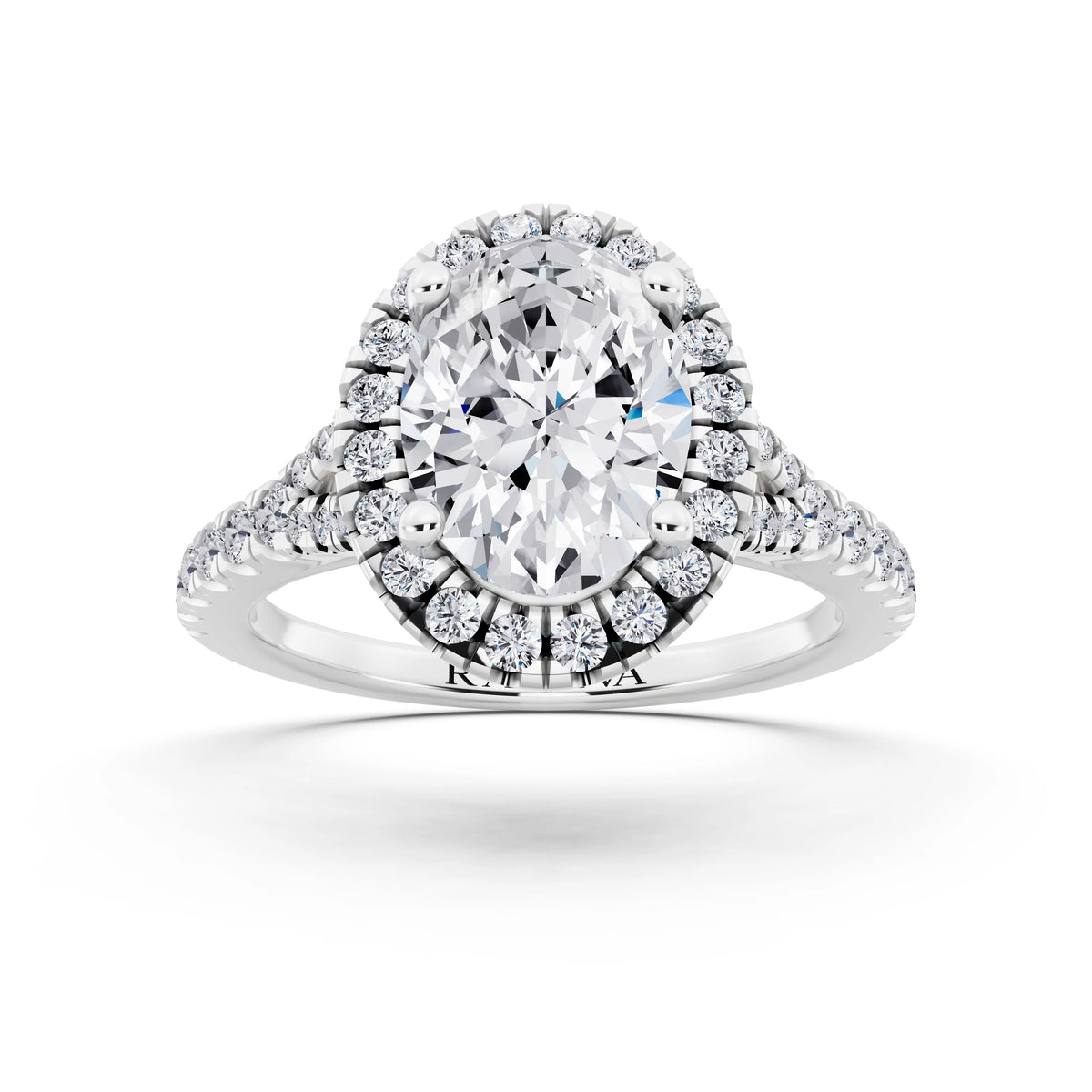 Platinum Oval Cut Diamond Halo Ring with Split Shank - front view