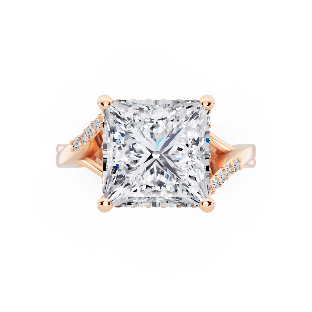 14 KT Rose Gold Princess Cut Diamond Split Shank Engagement Ring with Hidden Halo - top angle