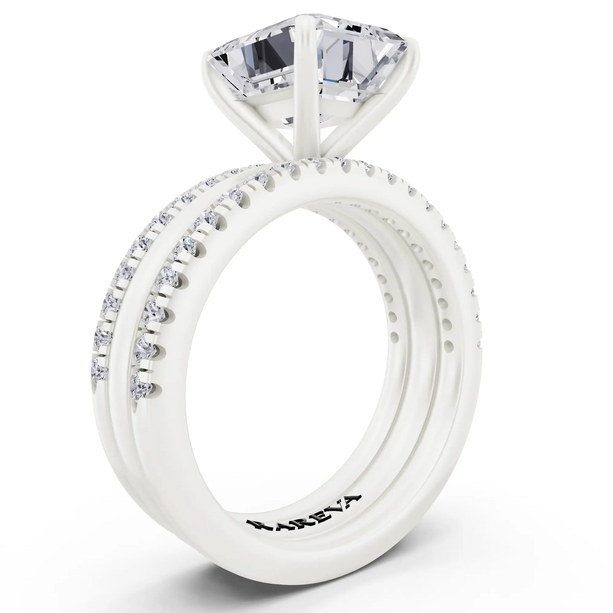 Platinum Emerald Cut Diamond Solitaire Twin Pave Band Stack Ring - top view