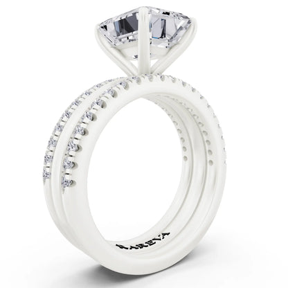 Platinum Emerald Cut Diamond Solitaire Twin Pave Band Stack Ring - top view