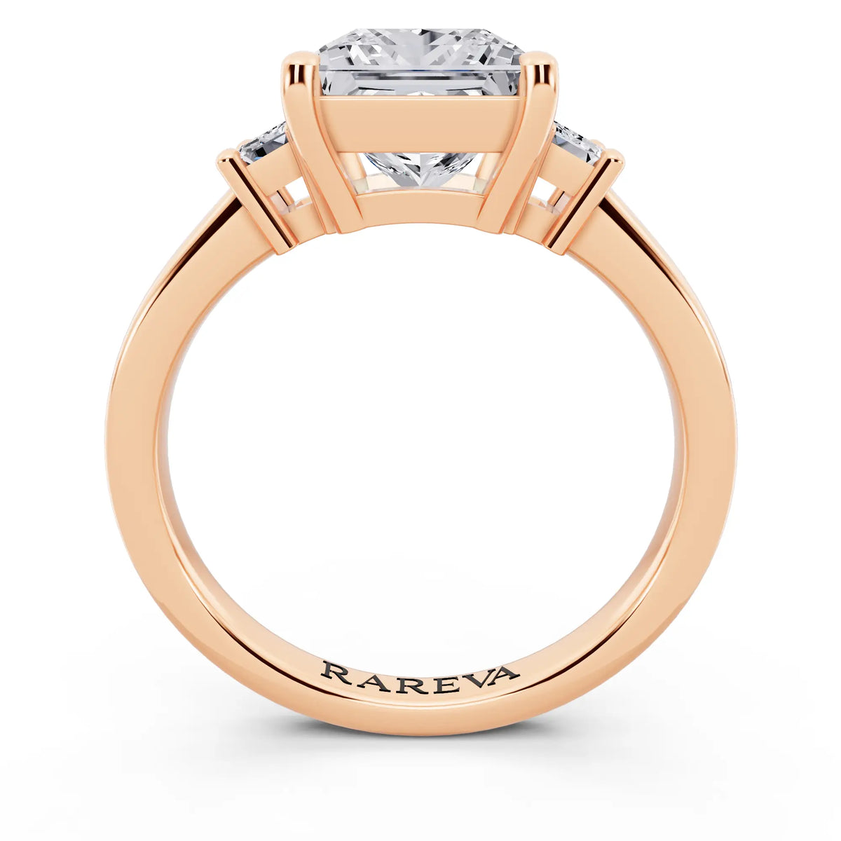 14 KT Rose Gold Princess Cut Diamond Three Stone Emerald Accent Ring - through finger