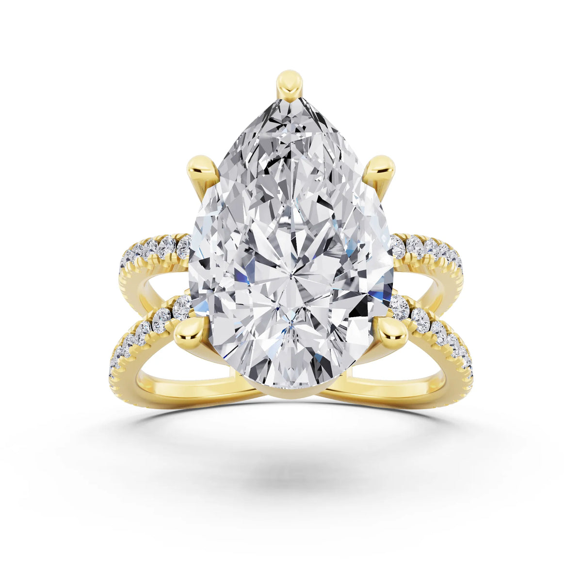18 KT Yellow Gold Pear Cut Diamond Ring with Twisted Split Shank - front view