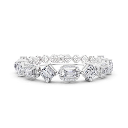 14K White Gold Square Emerald and Emerald Cut Halo Diamond Tennis Bracelet - Main