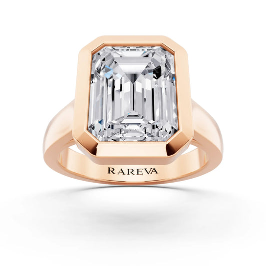 18 KT Rose Gold Emerald Cut Diamond Bezel Set Solitaire Ring - front view