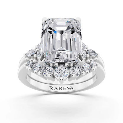 18 KT White Gold Emerald Cut Diamond Ring with Curved Cluster Band - front view