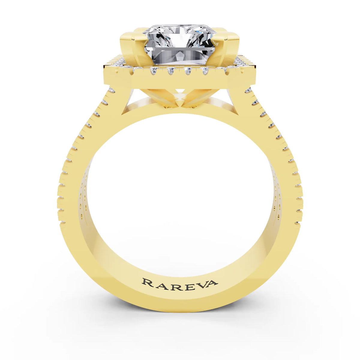 14 KT Yellow Gold Radiant Cut Diamond Halo Ring with Twin Pave Band - through finger