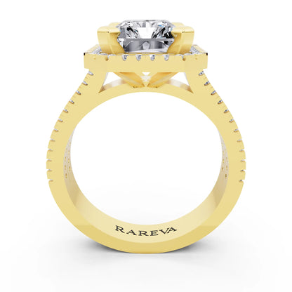 14 KT Yellow Gold Radiant Cut Diamond Halo Ring with Twin Pave Band - through finger