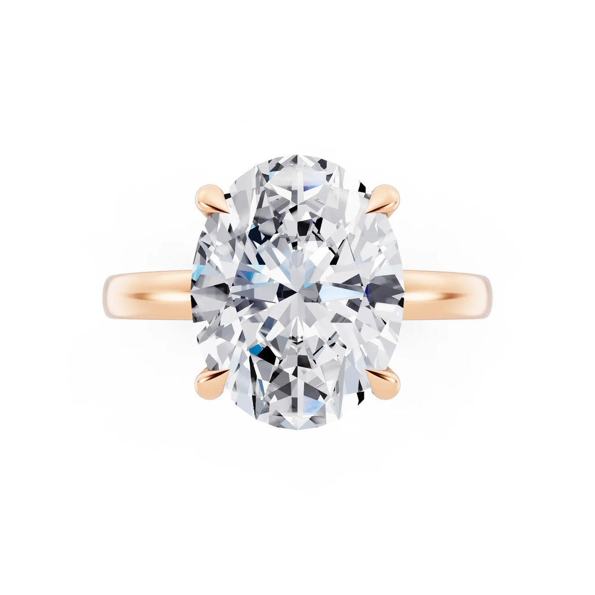 18 KT Rose Gold Oval Cut Diamond Solitaire Ring with Pave Collar - top angle