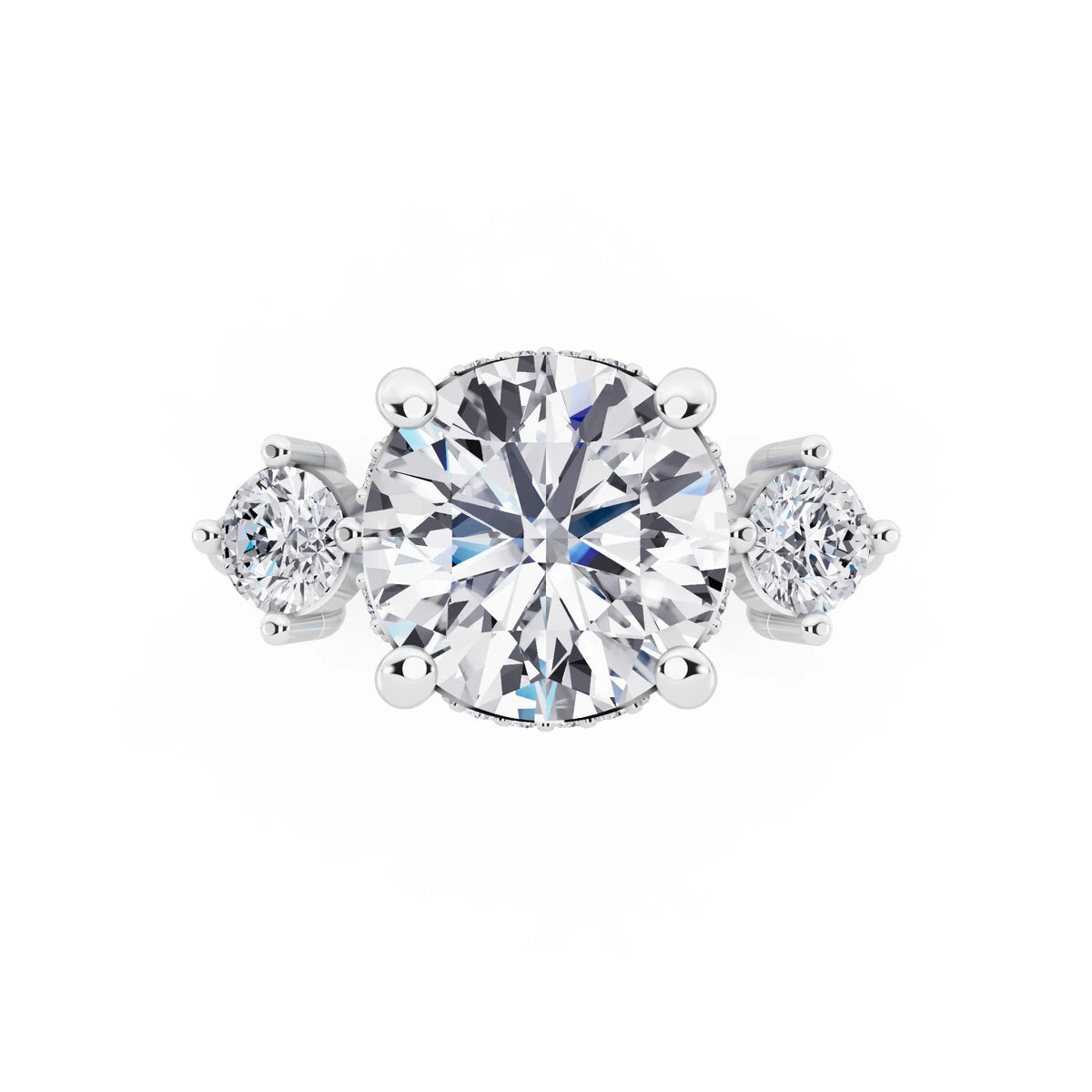 Platinum Round Cut Diamond Three Stone Engagement Ring with Hidden Halo - top angle