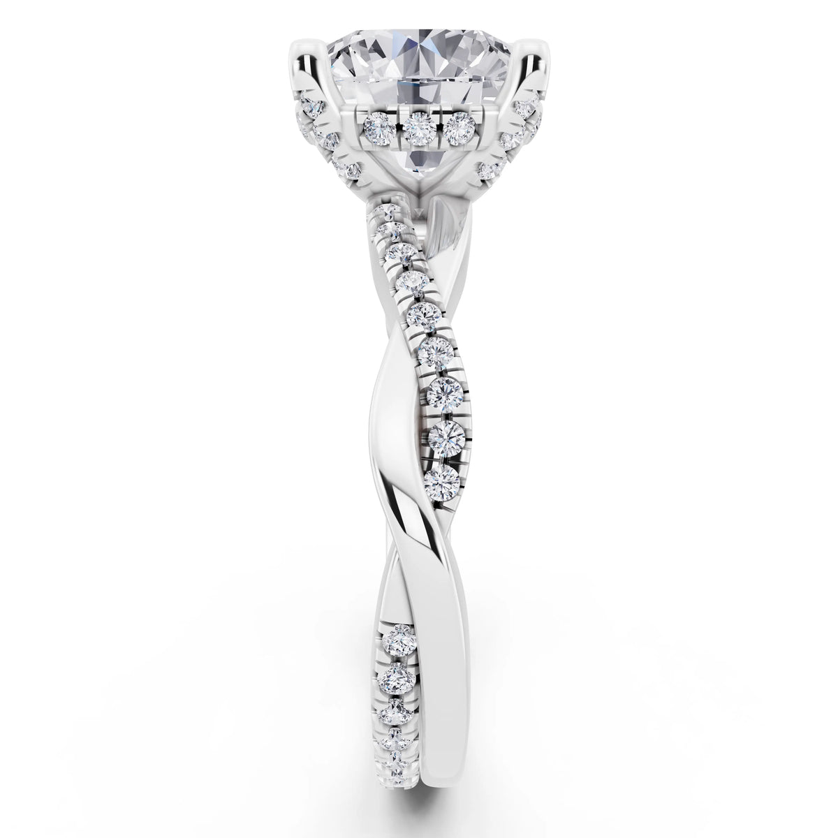 14 KT White Gold Round Cut Diamond Hidden Halo Ring with Twisted Pave Band - side view