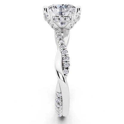 14 KT White Gold Round Cut Diamond Hidden Halo Ring with Twisted Pave Band - side view