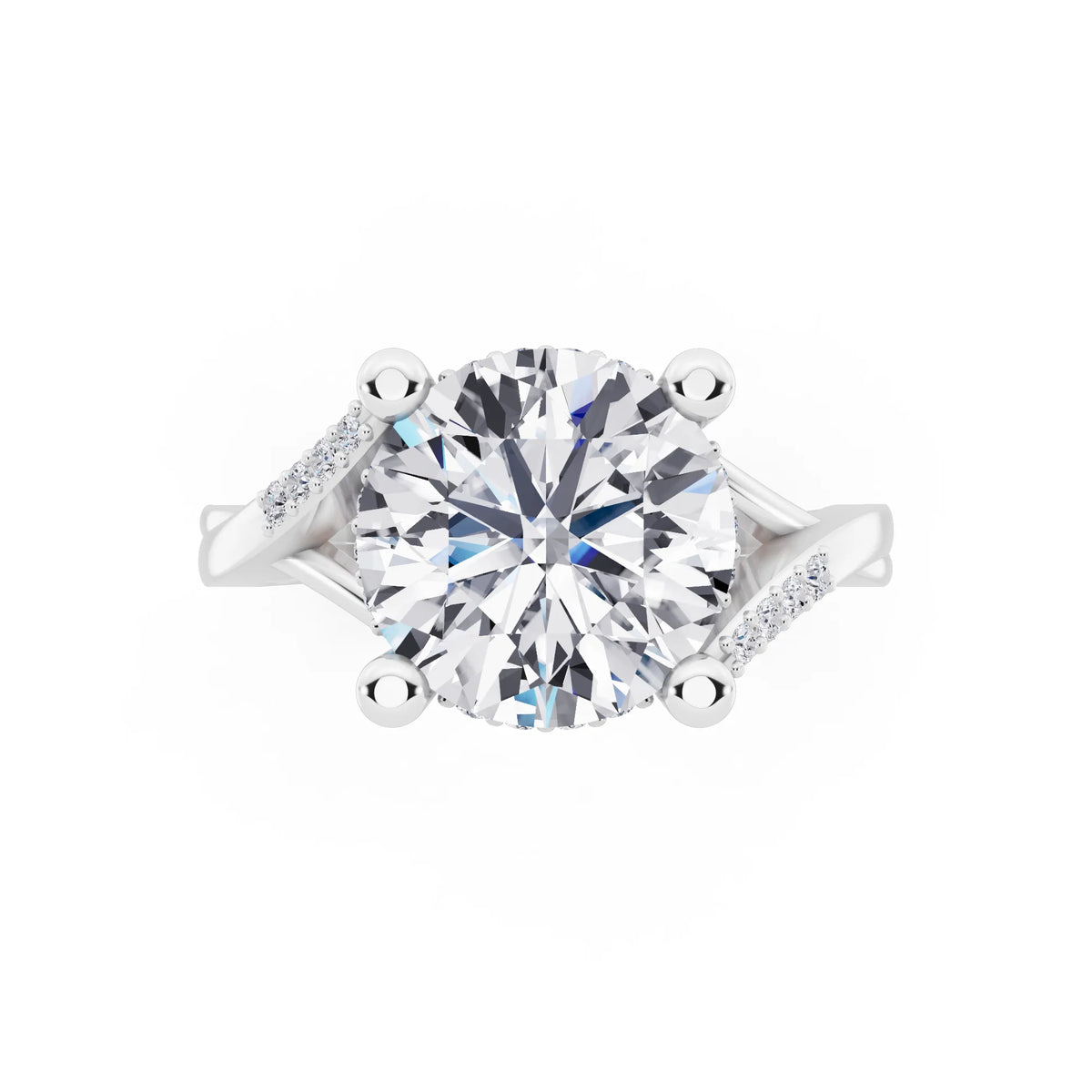 18 KT White Gold Round Cut Diamond Split Shank Engagement Ring with Hidden Halo - top angle