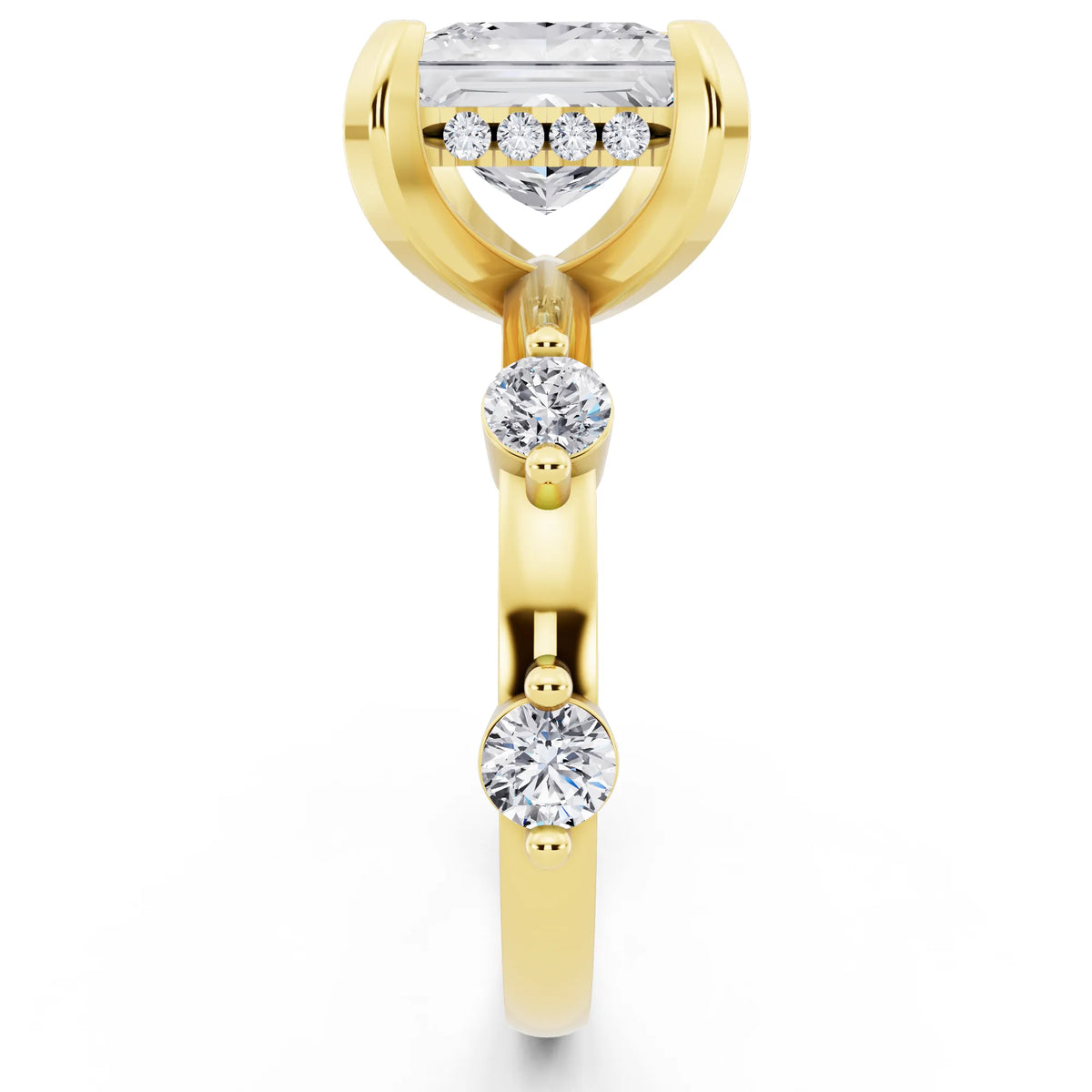 18 KT Yellow Gold Princess Cut Diamond Solitaire Ring with Floating Diamond Accents - side view