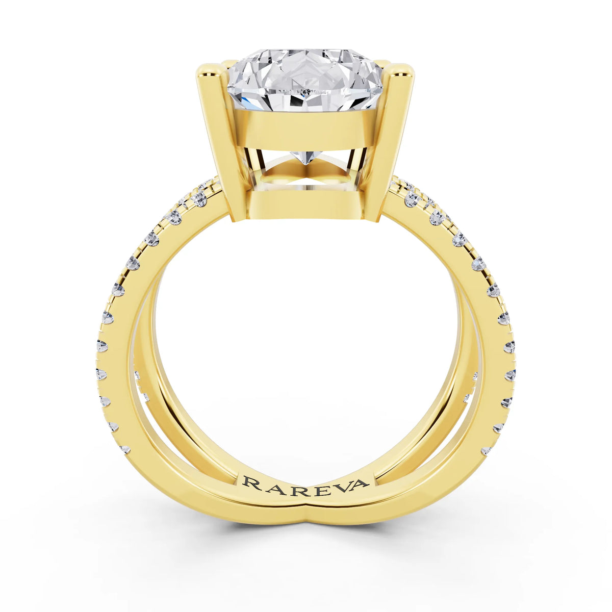 18 KT Yellow Gold Pear Cut Diamond Ring with Twisted Split Shank - through finger