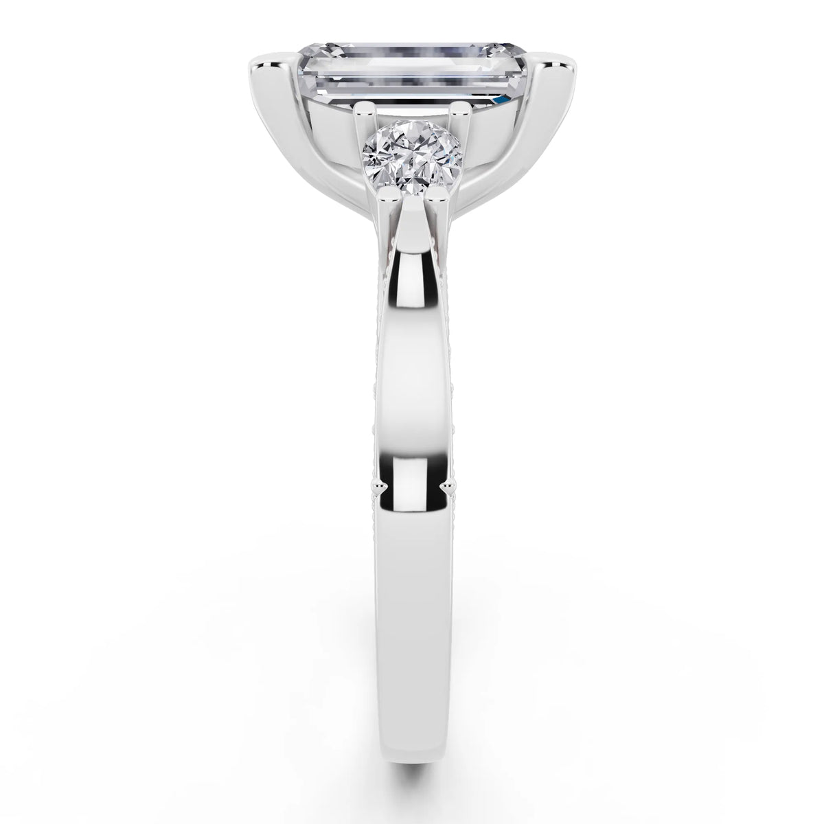 Platinum Emerald Cut Diamond Three Stone Pear Accent Vintage Pave Ring - side view