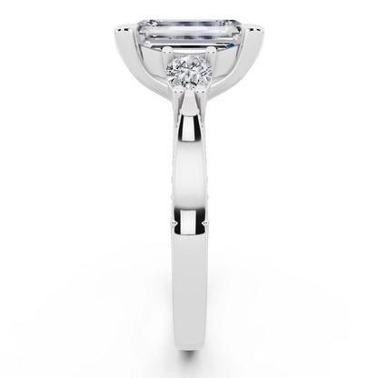 Platinum Emerald Cut Diamond Three Stone Pear Accent Vintage Pave Ring - side view