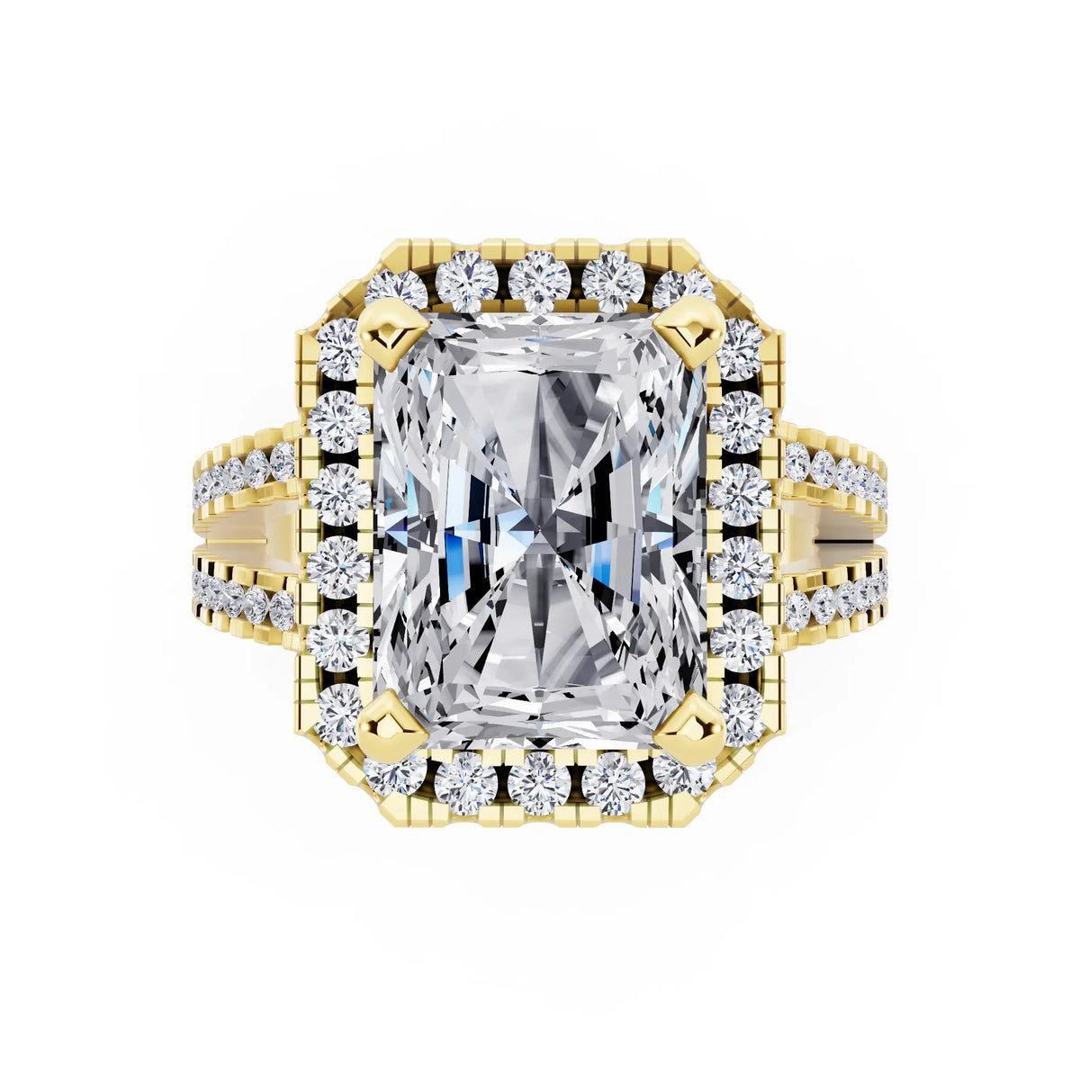 18 KT Yellow Gold Radiant Cut Diamond Halo Ring with Pave Split Shank - top angle